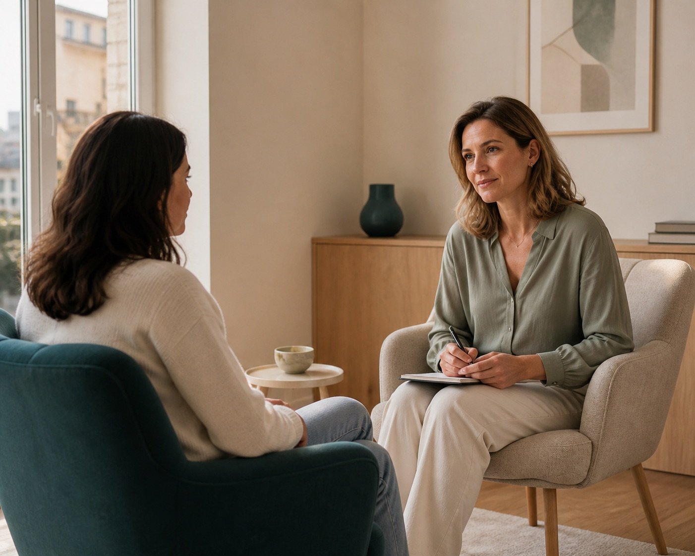 A calm individual psychotherapy session in a welcoming setting