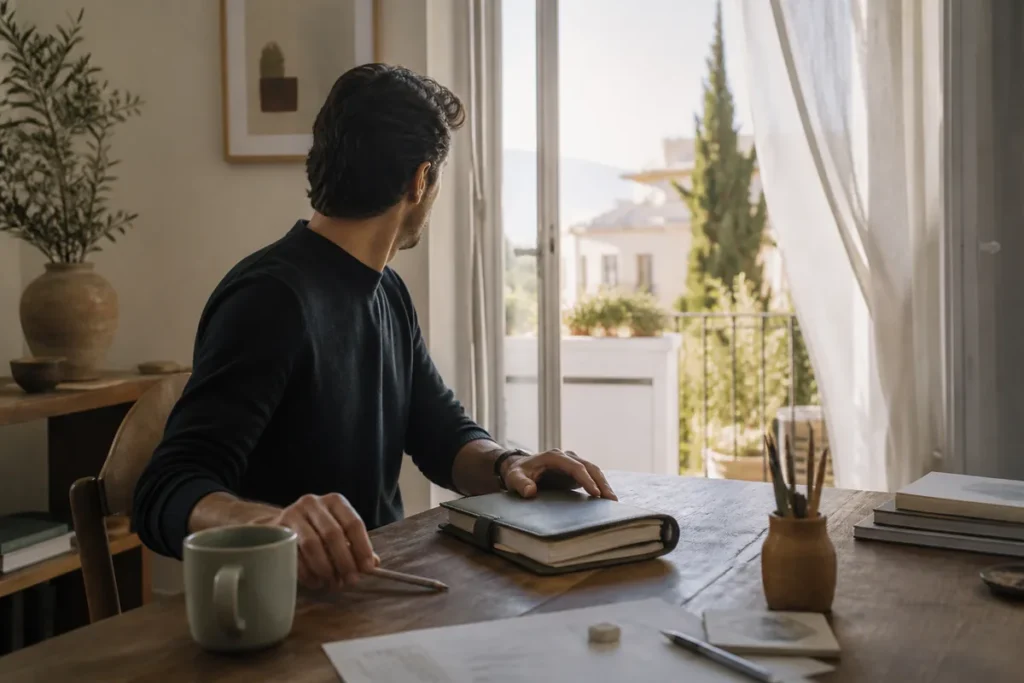 Άνδρας κλείνει το ημερολόγιό του και στρέφεται προς ένα ανοιχτό φωτεινό παράθυρο