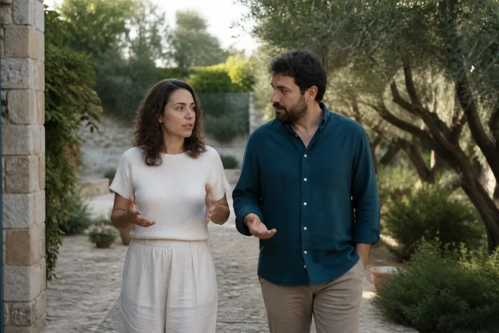Ζευγάρι περπατά και συζητά με ανοιχτή υποστηρικτική στάση